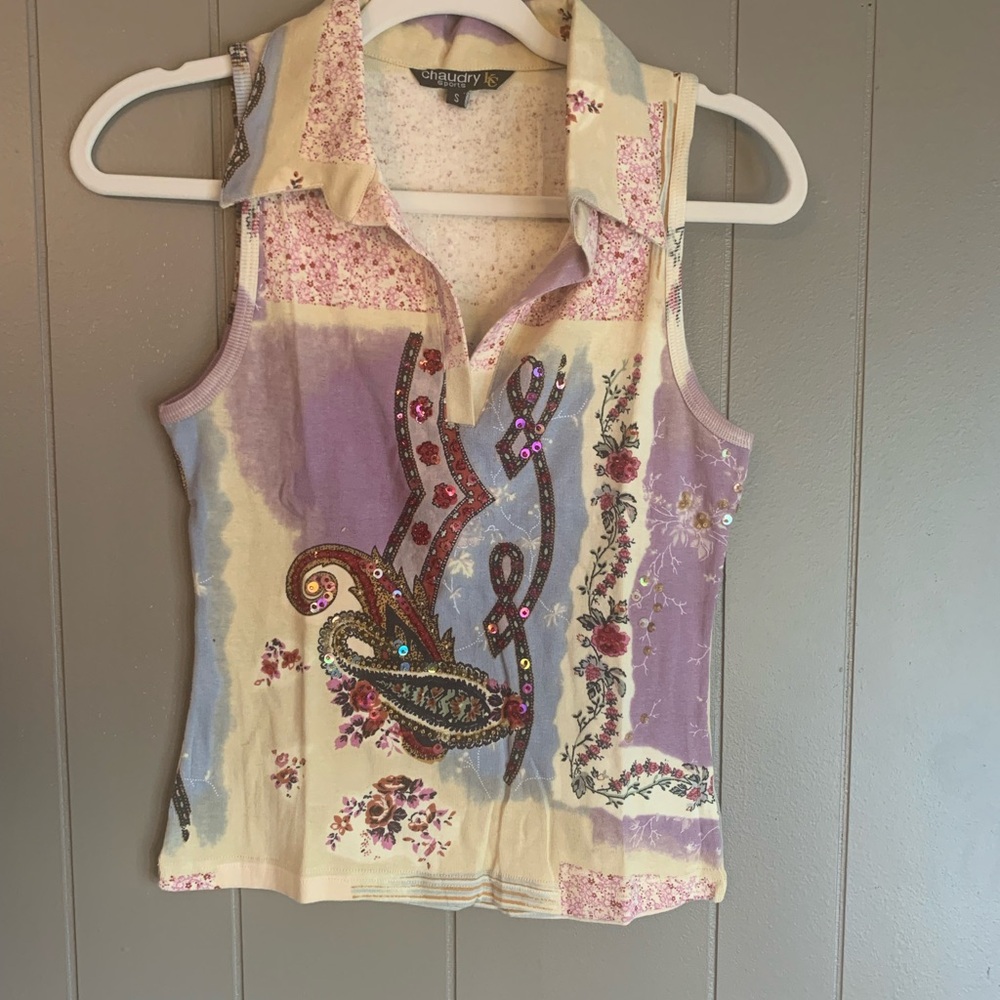 Anthropologie Purple and Cream Embellished Blouse